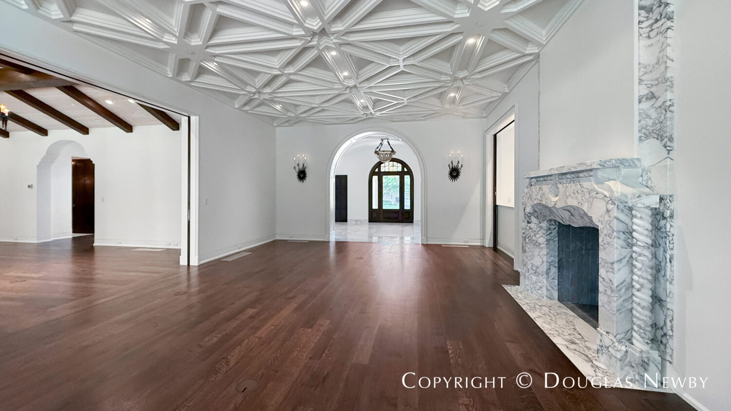 From the living room one can see an open floor plan for this architecturally significant home at 4400 Belfort Place, Highland Park, Dallas, Texas.